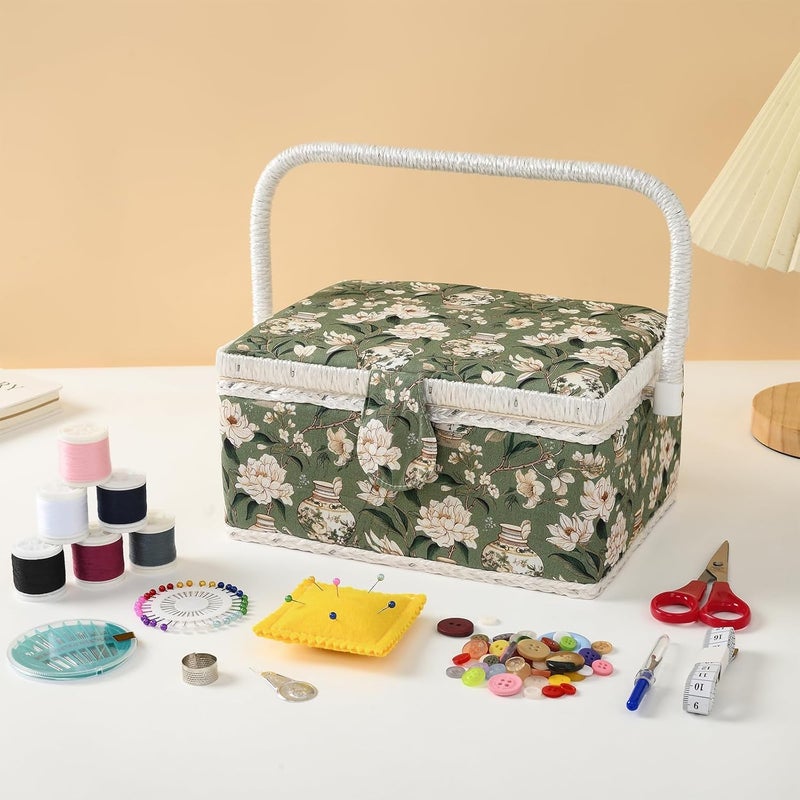 FOPUGT Sewing Basket - Medium Sewing Box for Sewing Supplies, Sewing Organizer Box Sewing Kit Storage Christmas Gift for Sewing Enthusiast (Bean Green) - Image 4